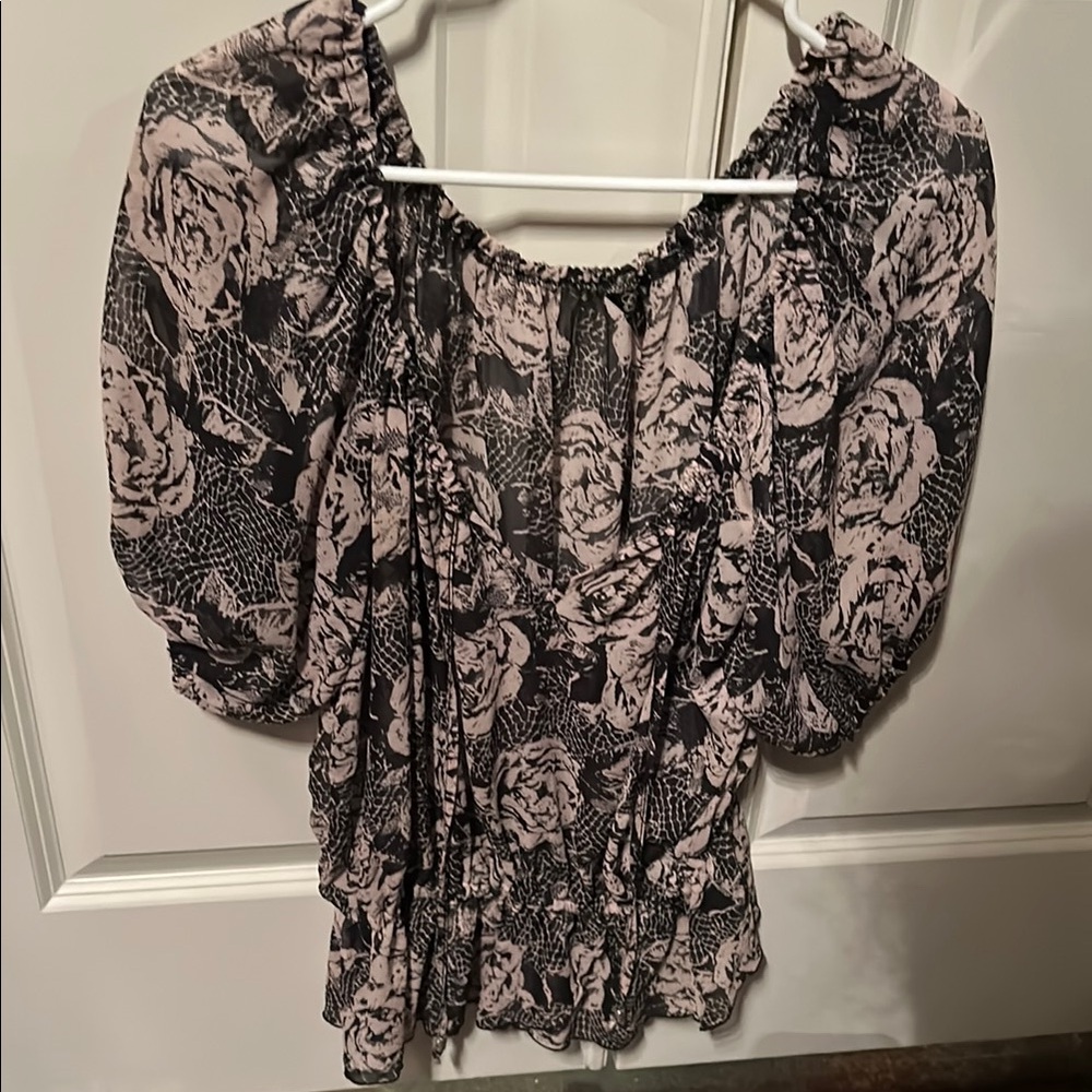 Guess Black and Pink Puff Sleeve Blouse